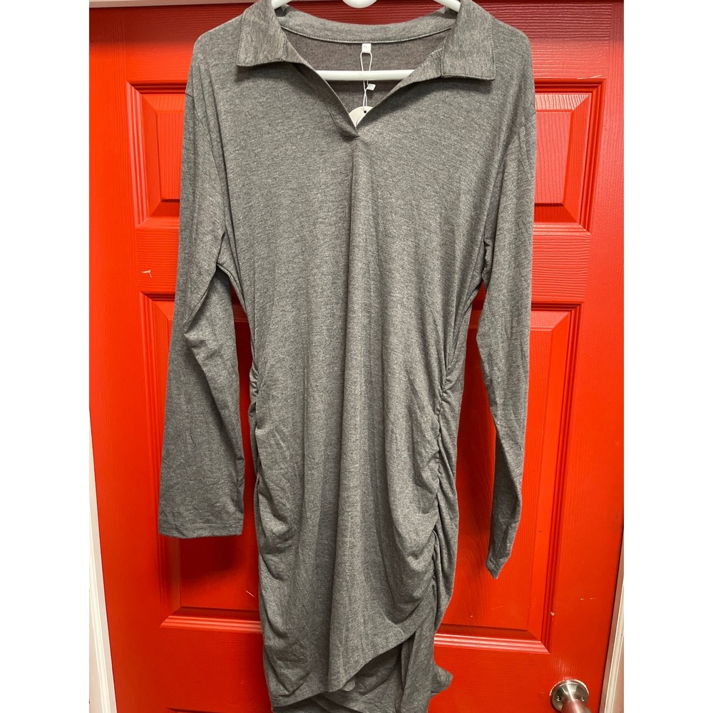 Auxdio Heather Gray Ruched Long Sleeve Bodycon Polo Midi Dress XXL NWT